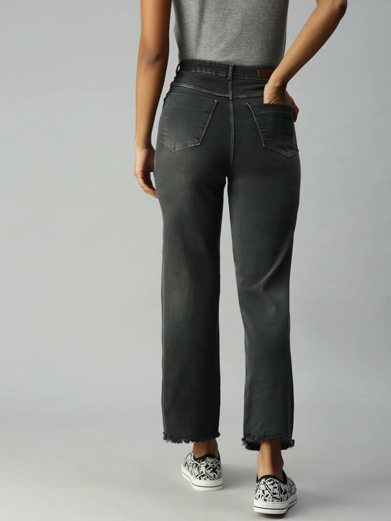 Women's Grey Solid Denim Wide Leg Jeans-IM9894-Grey