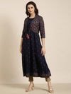 Women Anarkali Navy Blue Floral Kurta Comes With Overcoat-AT-JK-1158-Navyblue