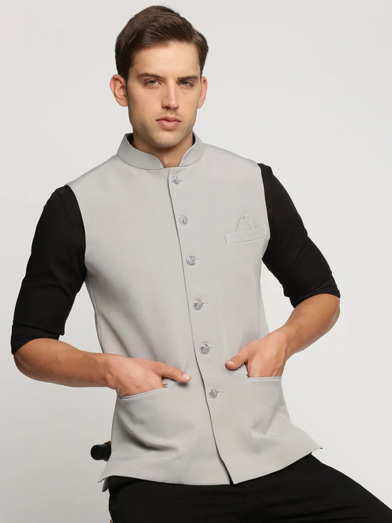 Men Grey Mandarin Collar Solid Nehru Jacket-AK-2250-7-Grey