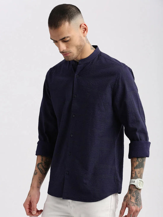 Men Mandarin Collar Geometric Navy Blue Casual Shirt-VAAGS-2234-Navyblue