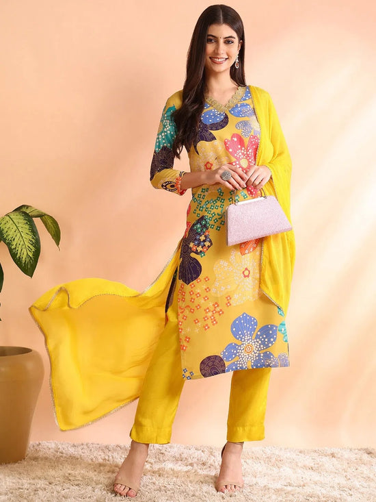 Ahika Women Yellow Cotton Blend Floral Printed Straight Kurta Trouser With Dupatta-PKSKD2492