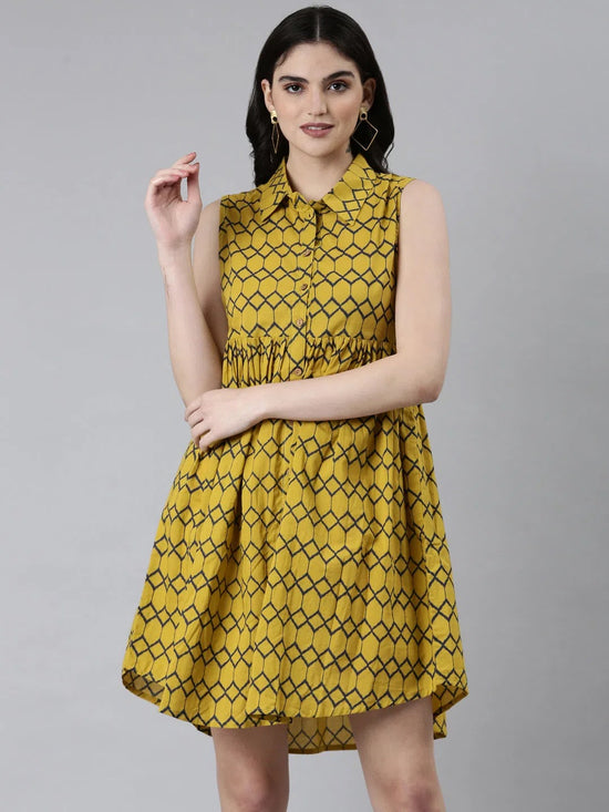 Women Mustard Geometrical A-Line Dress-RE-166-Mustard