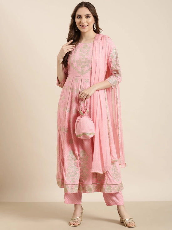 Women Anarkali Pink Floral Kurta and Trousers Set Comes With Dupatta and Potli Bag-GW-3369-Pink