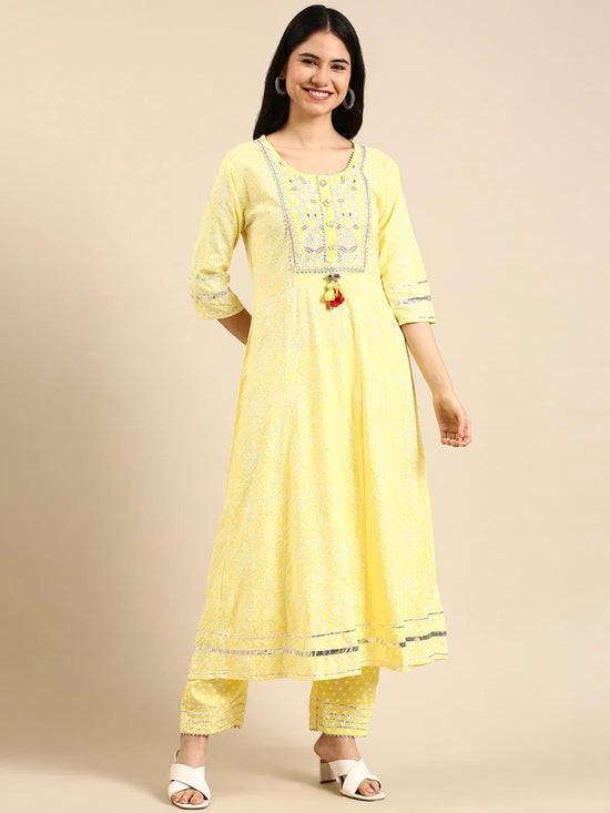 Women's Yellow Printed Kurta Set-HO-917-Yellow