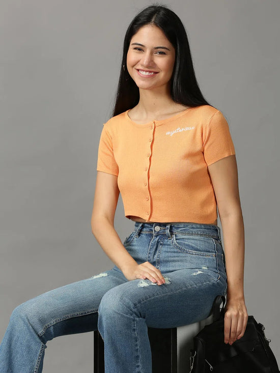 Women's Orange Solid Fitted Crop Top-TG-028-A-Orange