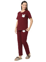 Smarty Pants Women's Cotton Lycra Maroon Color Husky Dog Print Night Suit