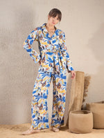 Women Blue Floral Notch Collar Shirt With Flared Pants