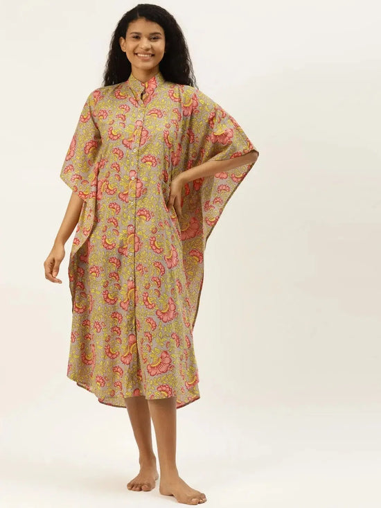 Kaftan with Pockets in Grey Floral Print