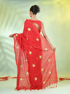 All Over Thread Embroidery Red Cotton Handspun Saree-MA62CH33660049