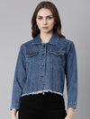 Women Blue Solid Denim Jacket-AE-0115-Blue