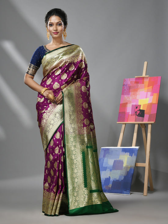 Violet Silk Banarasi Saree With Damask Motifs And Woven Degins-MA52BSL441050093