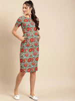 Pencil fit printed Midi Dress with back slit in Blue and Red Print