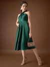 Draped neck midi dress in Green Color