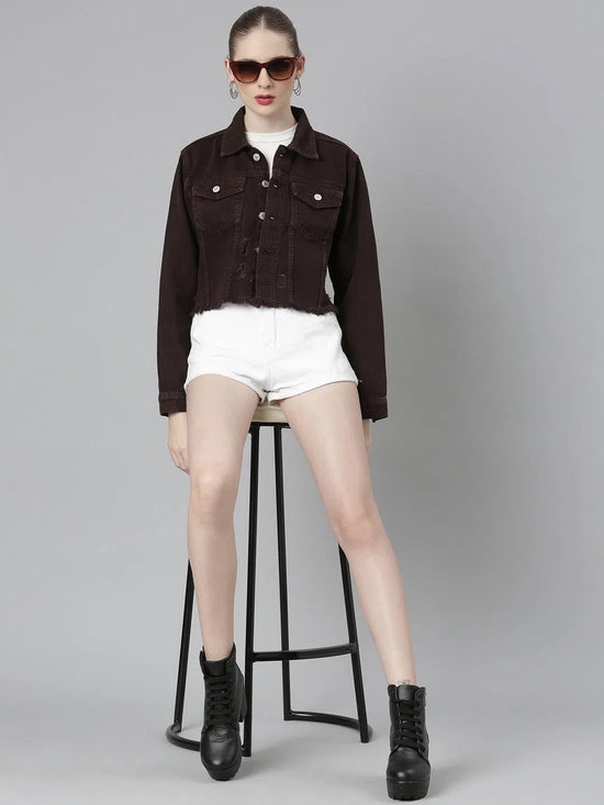 Women Coffee Brown Solid Denim Jacket-GZ-5599-Coffeebrown