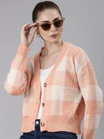 Women Peach Checked Cardigan-CHN-64902-Peach