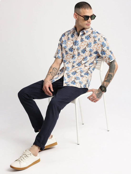 Men Spread Collar Floral Peach Casual Shirt-REVERIE-2125-Peach