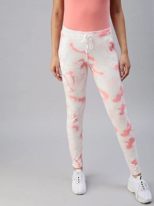 Women's White Tie Dye Track Pants-AF-1772-Whitepink