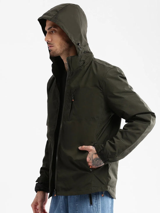 Men Hooded Olive Solid Tailored Oversized Jacket comes with Detachable Hoodie and Inner Jacket-7552-Olive