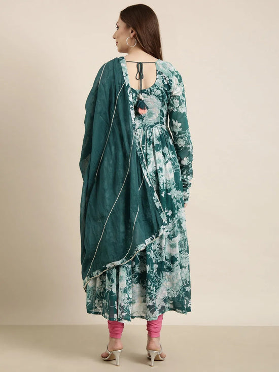 Women Anarkali Teal Floral Kurta Comes with Dupatta-TF-126-Teal