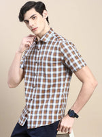 Men Khaki Checked Casual Shirt-ALMACHECKS-87-Khaki