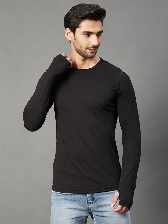 Rigo Black Thumbhole Full Sleeve T-Shirt For Men