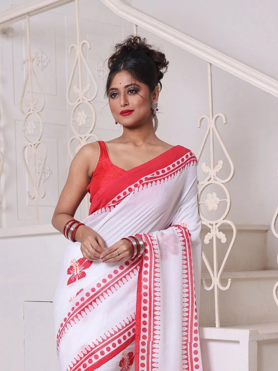 White Hibiscus Printed Bengali Style Mulmul Cotton Soft Saree-MA64MCT33690055