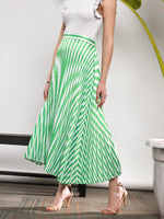 Women Green & White Satin Striped Accordion Pleated Maxi Skirt