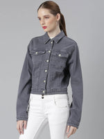 Women Grey Solid Denim Jacket-IM-10714-Grey