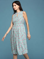 Women's Sea Green Floral A-Line Dress-AE-15709-Seagreen