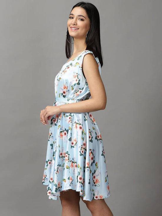 Women's Blue Floral Fit and Flare Dress-AE-15676-Blue