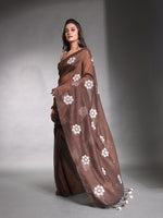 Brown Pure Cotton Soft Saree With Floral Embroidery Work-MA54CT33580094