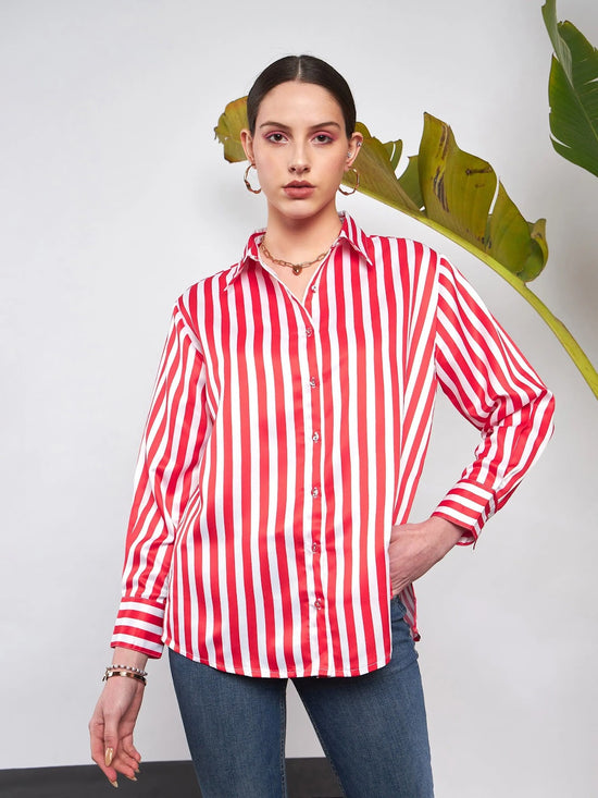 Women Red & White Satin Striped Shirt