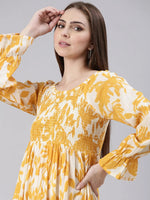 Women Mustard Floral Empire Dress-ON-007-Mustard