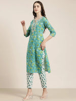 Women Turquoise Blue Floral Kurta Set-RJF-032-Turquoiseblue