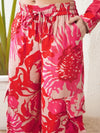 Women Red Floral Oversize Shirt With Box Pocket Pants