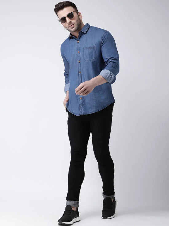 Hangup Men Slim Solid Shirts-CollarDarkDenimShirt