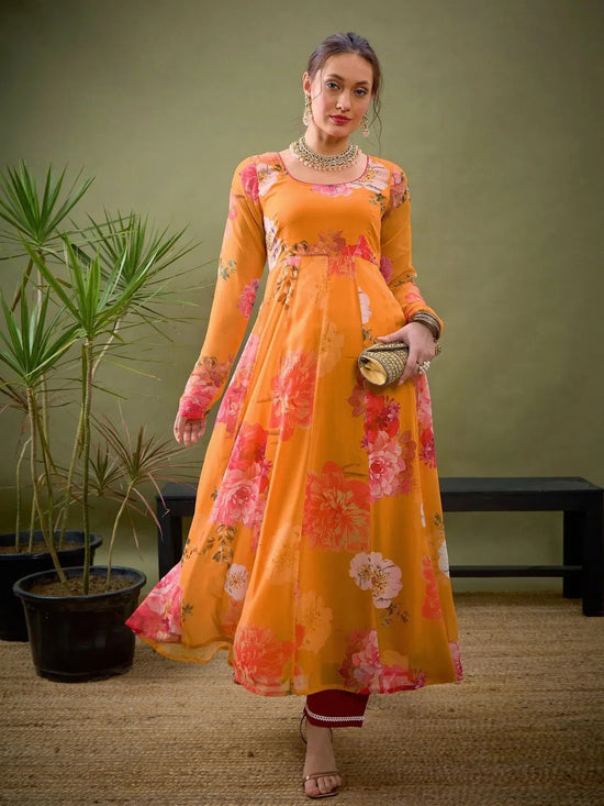 Women Yellow Floral Anarkali Kurta