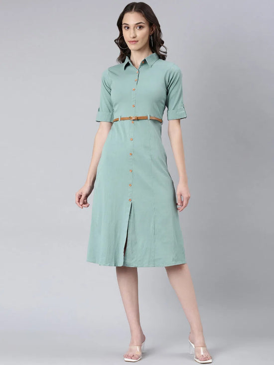 Women Sea Green Solid Shirt Dress-DF-4698-Seagreen