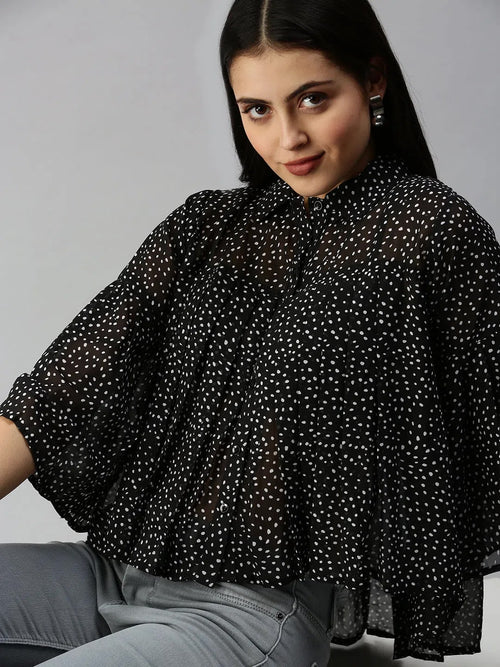 Women's Black Polka Dots Top-AE-7014-Blackwhite