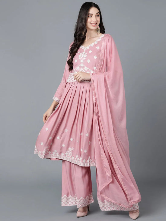 Ahika Women Pink Polysilk Embroidered Kurta Sharara With Dupatta