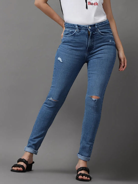 Women's Blue Solid Slim Fit Denim Jeans-GZ-5156-1-Blue