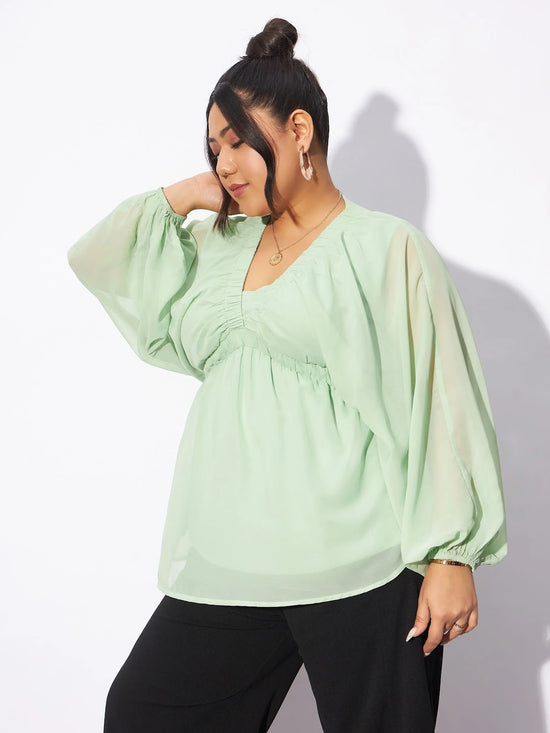 Women Mint Green V-Neck Peplum Top