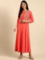 Women's Coral Printed Anarkali Kurta-AT-A-271-Coral