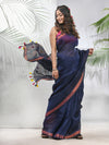 Midnight Blue Linen Saree With Sequined Work In Stripes-MA56LN331160041