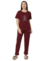 Smarty Pants Women's Cotton Lycra Maroon Color Eiffel Tower Print Night Suit