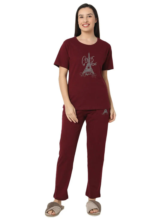 Smarty Pants Women's Cotton Lycra Maroon Color Eiffel Tower Print Night Suit