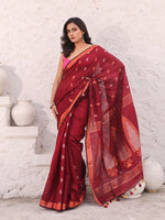 Dark Red Cotton Saree With Woven Designs And Zari Border-MA54BCT041380038