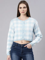 Women Blue Checked Cardigan-CHN-37922-Blue