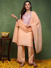 Ahika Women Peach Viscose Rayon Solid Yoke Design Straight Kurta Trouser With Dupatta