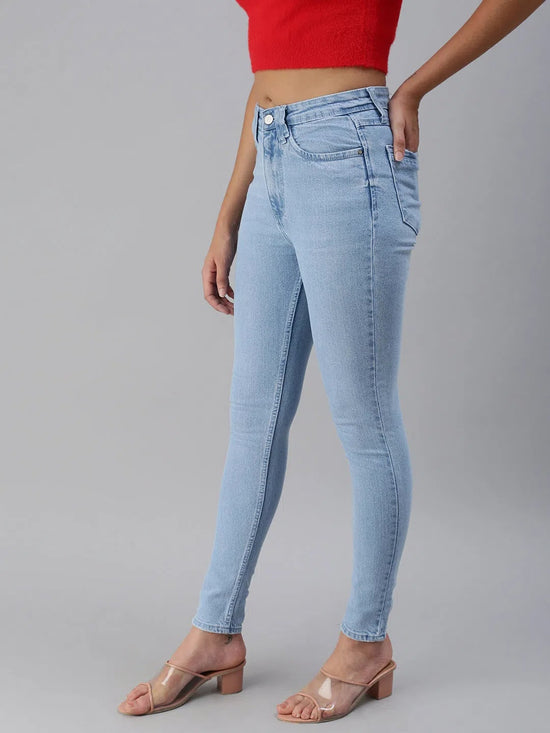 Women's Blue Solid Denim Slim Jeans-GZ-5158-Blue